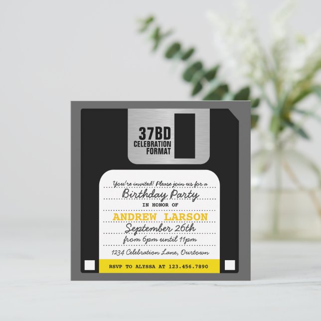 Funny Retro Floppy Disc Party Invitation (Standing Front)