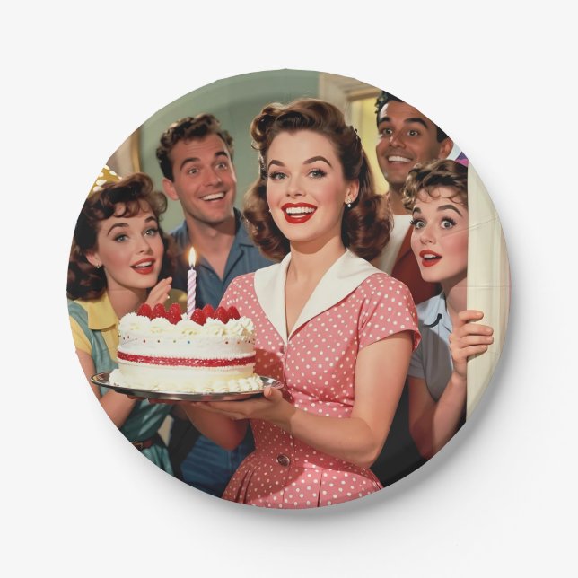 Funny Retro Friends Celebrating a Birthday Paper Plates (Front)