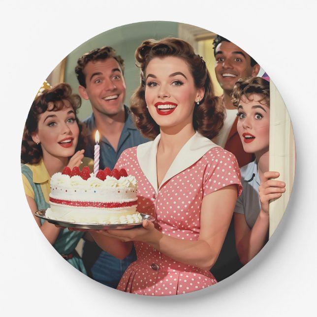Funny Retro Friends Celebrating a Birthday Paper Plates (Front)