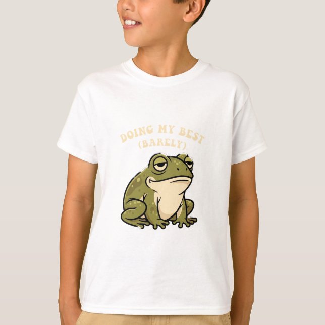 Funny Retro Frog Barely Trying Kids T-Shirt (Front)