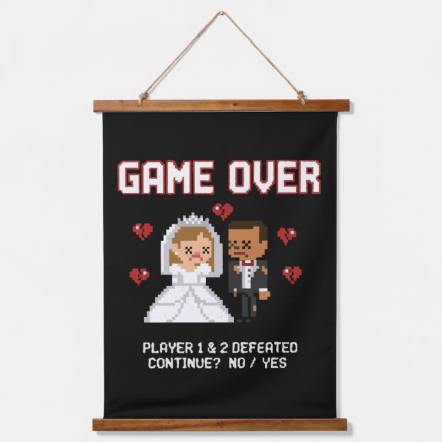 Funny Retro Gamer Wedding "Game Over" Pixel Art Hanging Tapestry (Front)