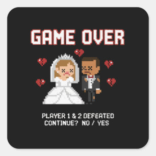 Funny Retro Gamer Wedding "Game Over" Pixel Art Square Sticker