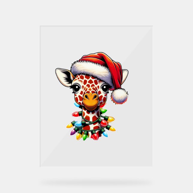 Funny Retro Giraffe Lover Santa Christmas Tree Lig Acrylic Sign (Front)