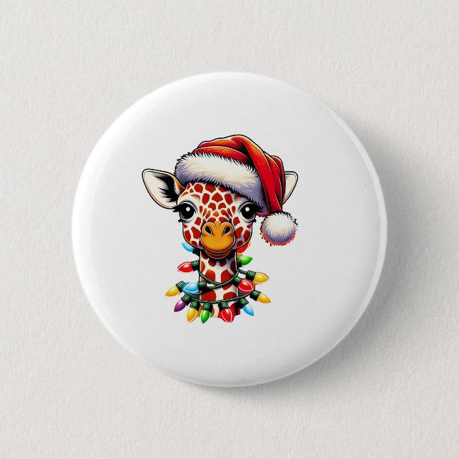 Funny Retro Giraffe Lover Santa Christmas Tree Lig Button (Front)