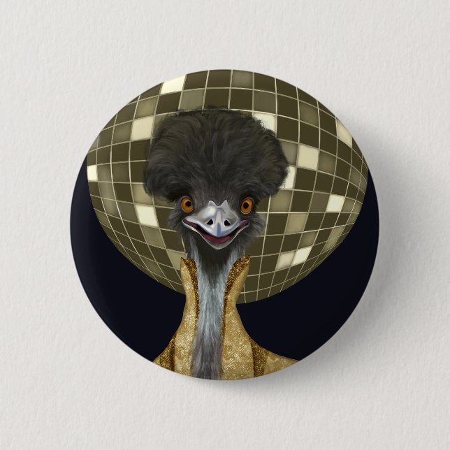 Funny Retro Golden Disco Ball Emu Bird Button (Front)