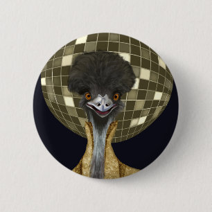 Funny Retro Golden Disco Ball Emu Bird Button