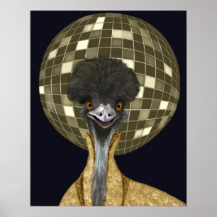 Funny Retro Golden Disco Ball Emu Bird Poster