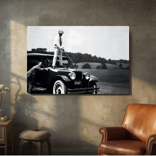 Funny Retro Golf Photo, 1920's Classic Car, Sports Metal Print