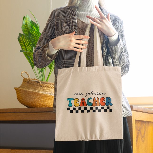 Funny Retro Groovy & Checkered Teacher  Tote Bag (Creator Uploaded)