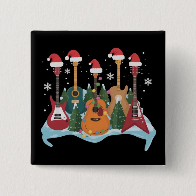 Funny Retro Guitar Christmas Tree Holiday Xmas Button (Front)