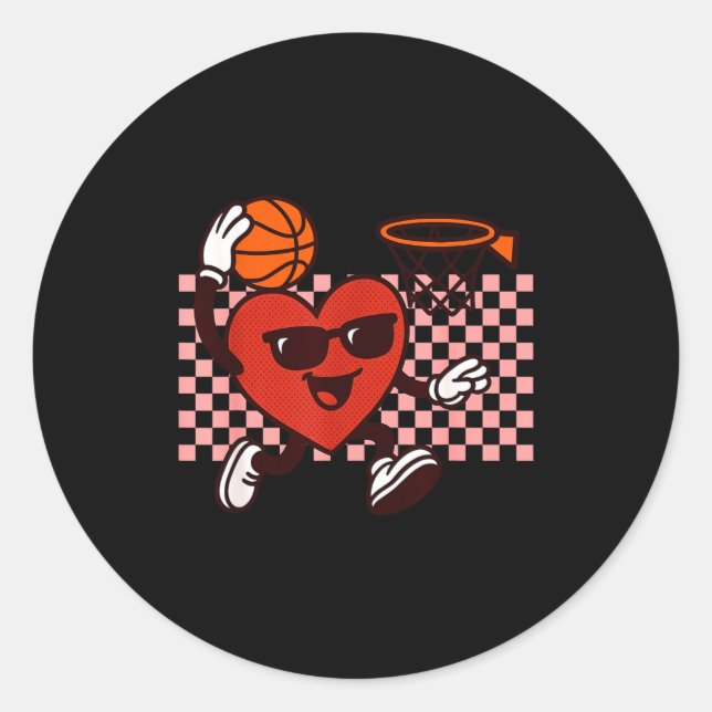 Funny Retro Heart Graphic Basketball Player Kids V Classic Round Sticker (Front)