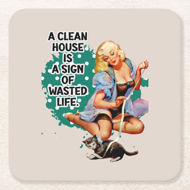 Funny Retro Housewife Pi-up Girl Art Square Paper Coaster (Front)