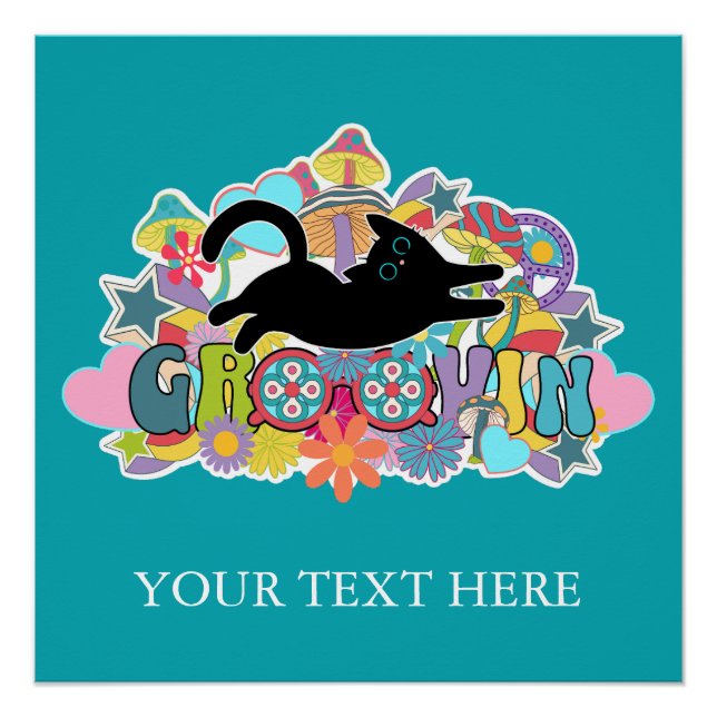 Funny Retro Mushrooms Groovin Flowers Black Cat Poster (Front)