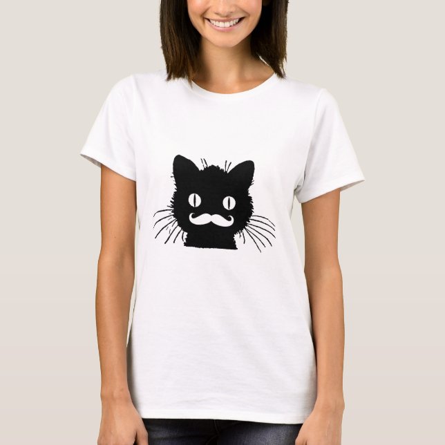 FUNNY RETRO MUSTACHE ON BLACK KITTY T-Shirt (Front)