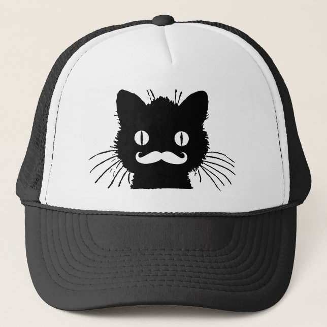 FUNNY RETRO MUSTACHE ON BLACK KITTY TRUCKER HAT (Front)
