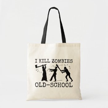 Funny Retro Old School Zombie Killer Hunter Tote Bag by HaHaHolidays at Zazzle