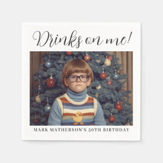 Funny Retro Photo Drinks on Me Adult Birthday Napkins