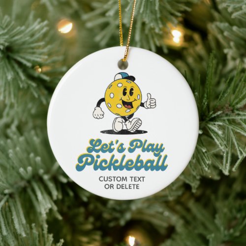 Funny Retro Pickleball Cartoon Mascot Custom Ceramic Ornament