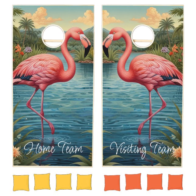Funny retro pink flamingo tropical paradise   cornhole set (Set)