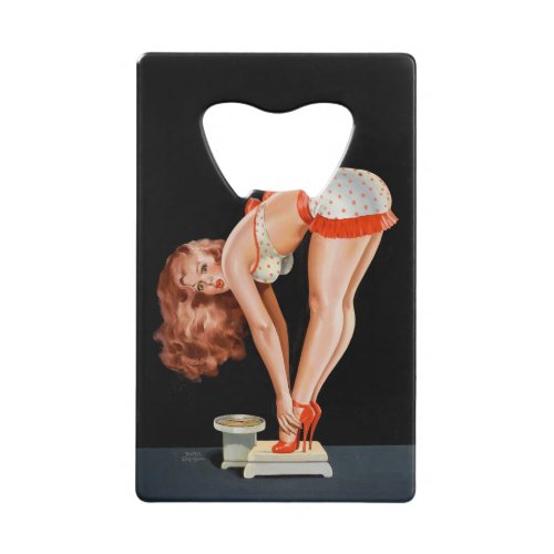 Funny retro pinup girl on a weight scale credit card bottle opener