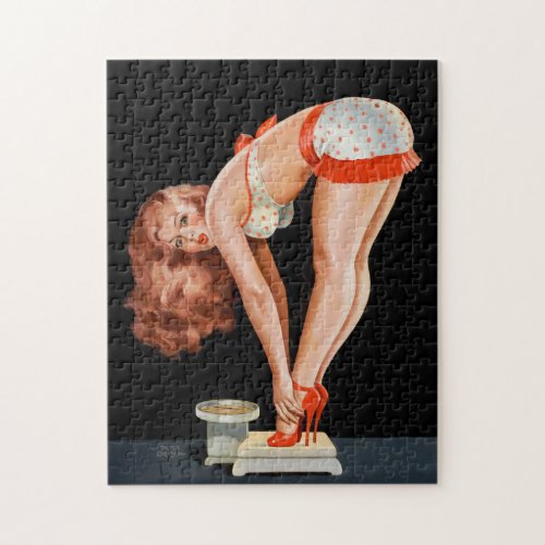 Funny retro pinup girl on a weight scale jigsaw puzzle