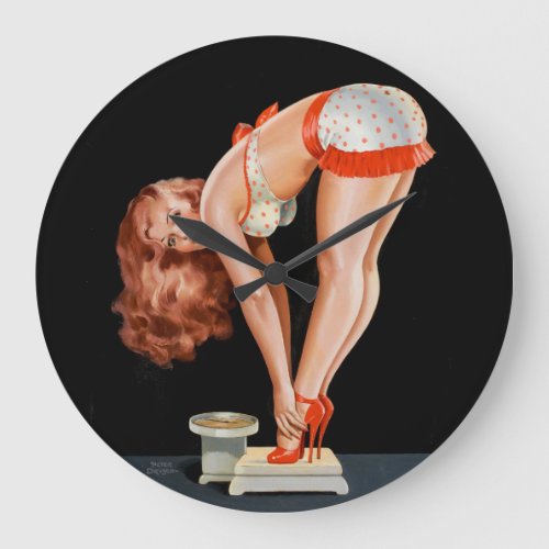 Funny retro pinup girl on a weight scale large clock