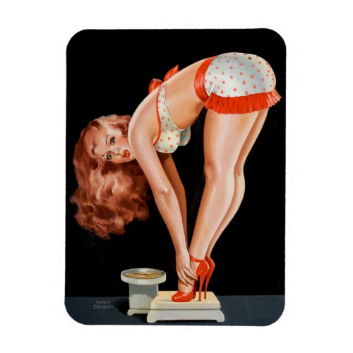 Funny retro pinup girl on a weight scale magnet