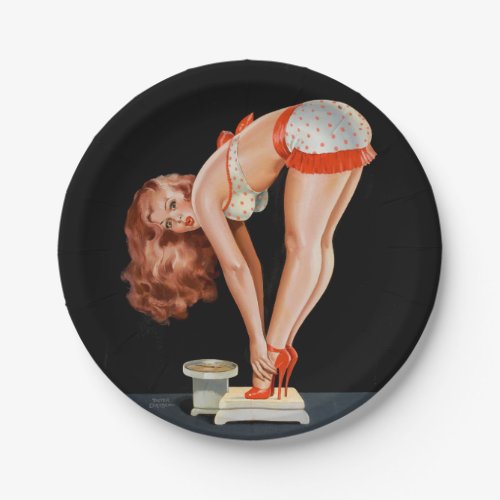 Funny retro pinup girl on a weight scale paper plates