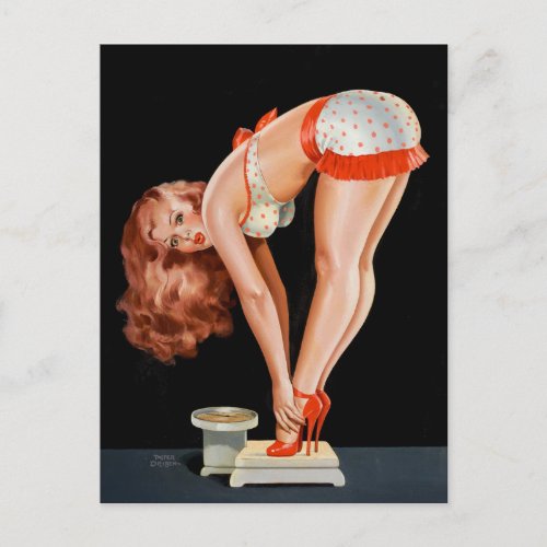 Funny retro pinup girl on a weight scale postcard