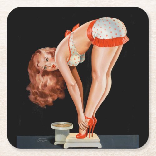 Funny retro pinup girl on a weight scale square paper coaster