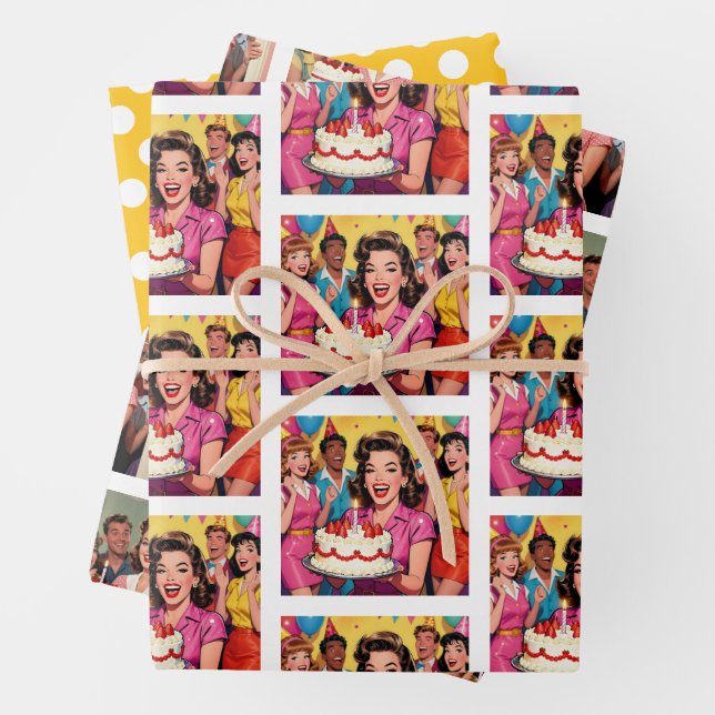 Funny Retro Pop Art Birthday Party Surprise Wrapping Paper Sheets (In situ)