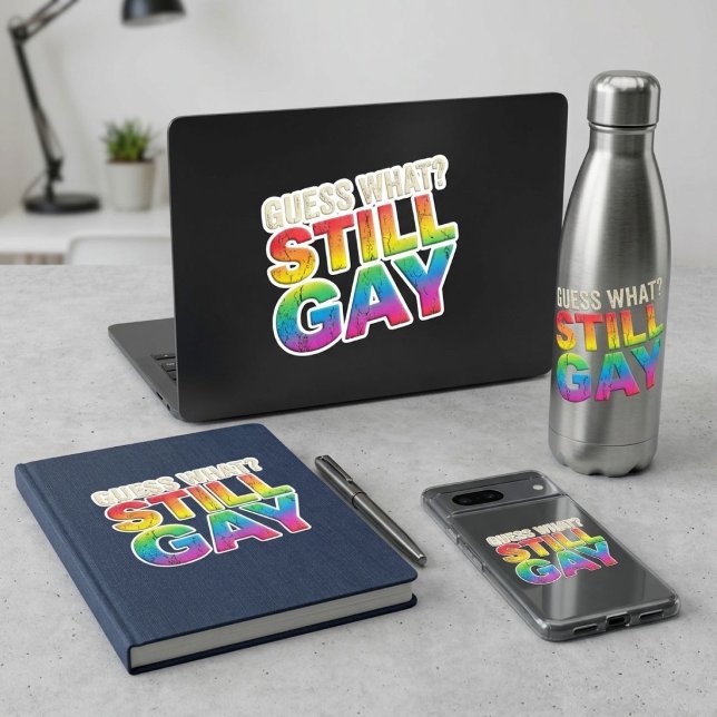 Funny Retro Rainbow Guess What? Still Gay Pride Square Sticker (Creator Uploaded)