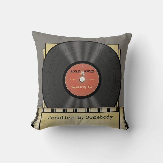 Funny Retro Rock Vinyl Record Throw Pillow (Front)