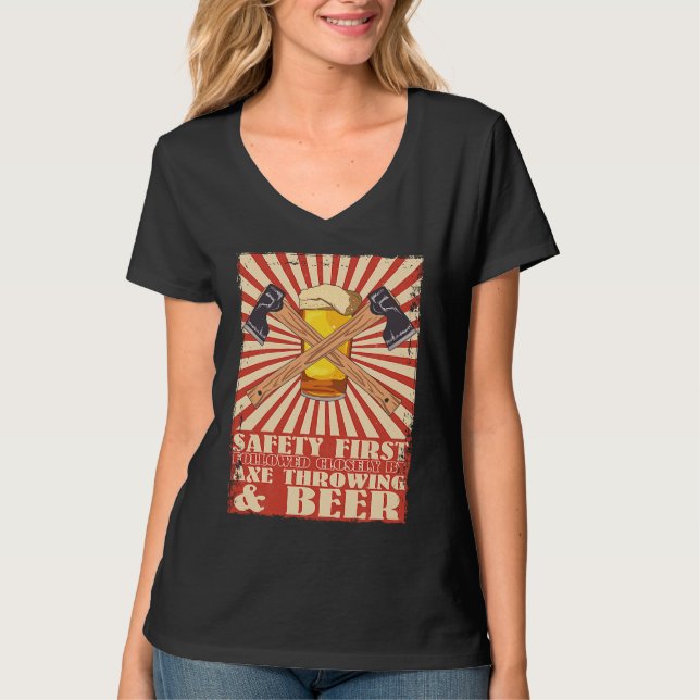 Funny Retro Safety First Axe Throwing and Beer Vik T-Shirt (Front)