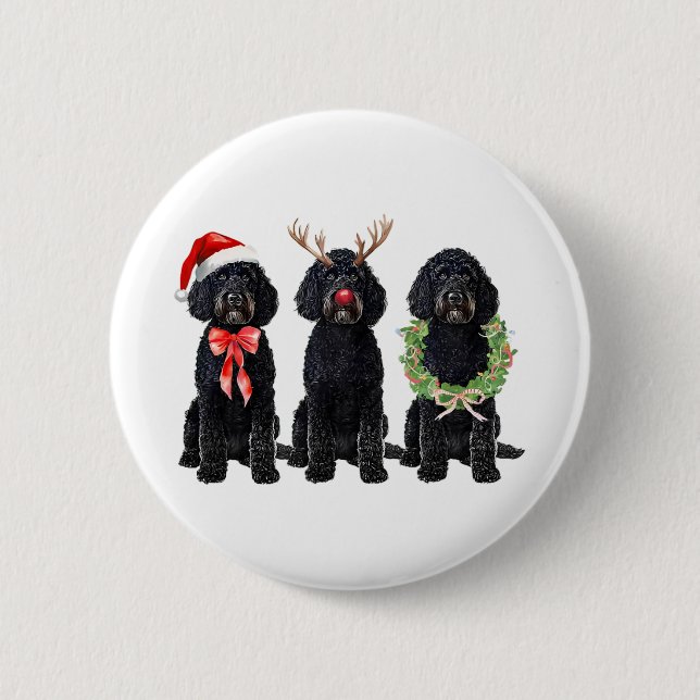 Funny Retro Santa Black Goldendoodle Dog Reindeer  Button (Front)