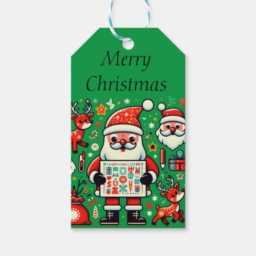 Funny Retro Santa Claus and reindeers pattern Gift Tags