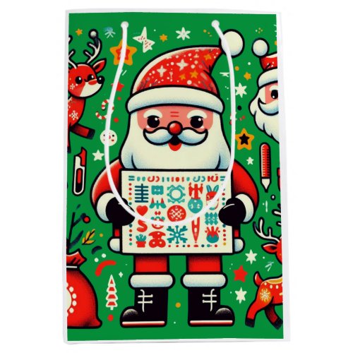 Funny Retro Santa Claus and reindeers pattern Medium Gift Bag
