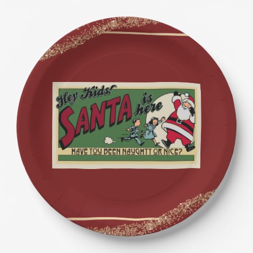 Funny Retro Santa Text Glitter Naughty or Nice Fun Paper Plates