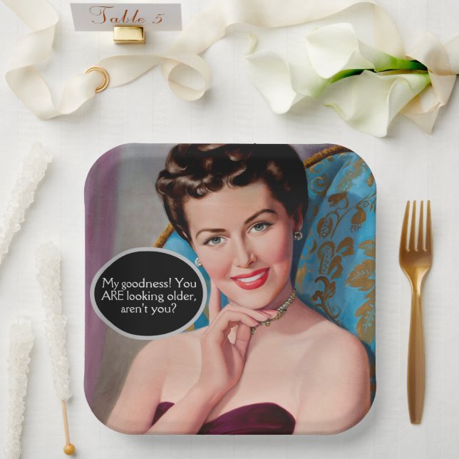 Funny Retro Sarcastic Woman Birthday Paper Plates (Wedding)