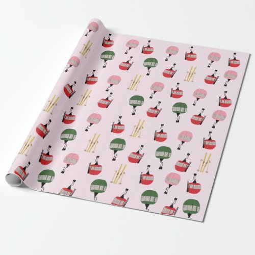 Funny Retro Ski Lift Gondola Winter Skiing Pink Wrapping Paper