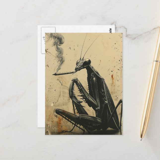 Funny Retro Smoking Mantis Surreal Muted Colors Postcard (Front/Back In Situ)