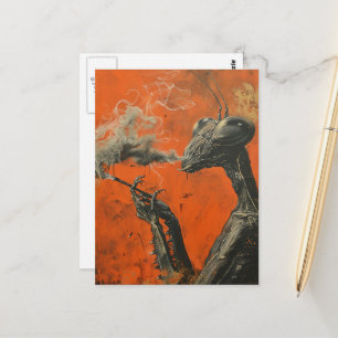 Funny Retro Smoking Mantis Surreal Postcard