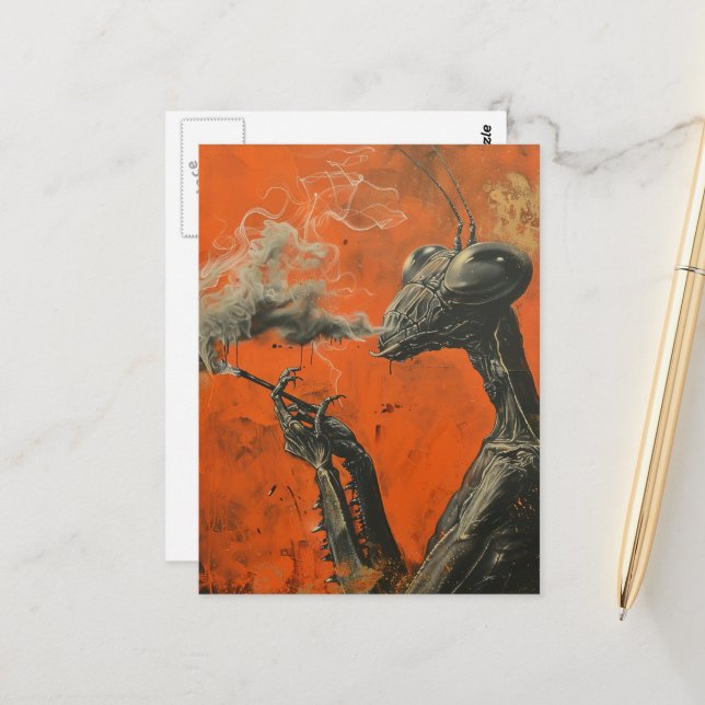 Funny Retro Smoking Mantis Surreal Postcard (Front/Back In Situ)