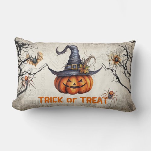 Funny retro spooky Halloween carved pumpkin Lumbar Pillow