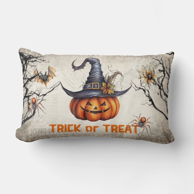 Funny retro spooky Halloween carved pumpkin Lumbar Pillow (Front)