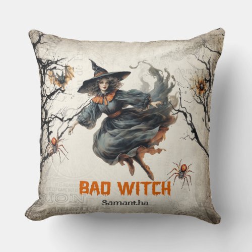 Funny retro spooky Halloween cute bad witch Throw Pillow