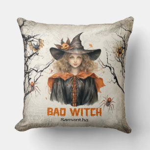 Funny retro spooky Halloween cute bad witch Throw Pillow