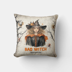 Funny retro spooky Halloween cute girl bad witch Throw Pillow