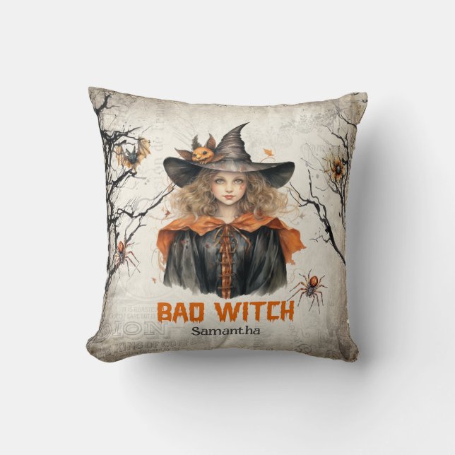 Funny retro spooky Halloween cute girl bad witch Throw Pillow (Front)