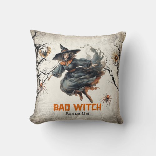 Funny retro spooky Halloween cute girl bad witch Throw Pillow
